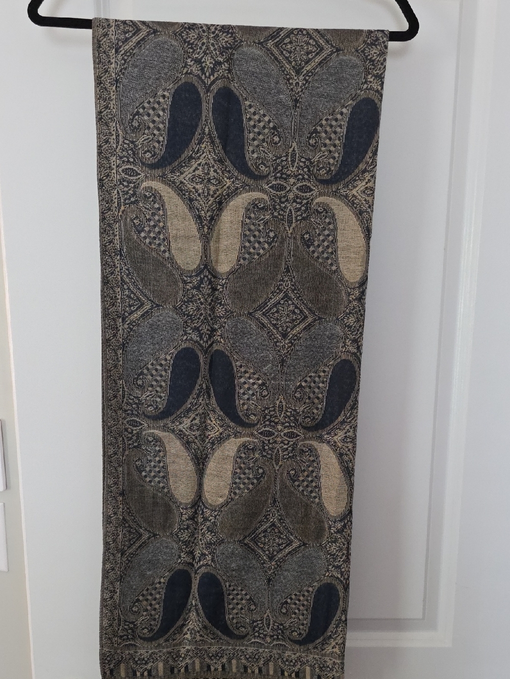 Italian Woven Paisley Pattern Scarf in Blue, Gray, and Cream